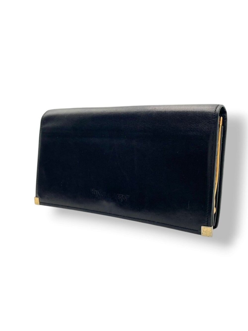 Saint Laurent YSL Wallet Black Leather Gold Vintage Logo Bifold Flap